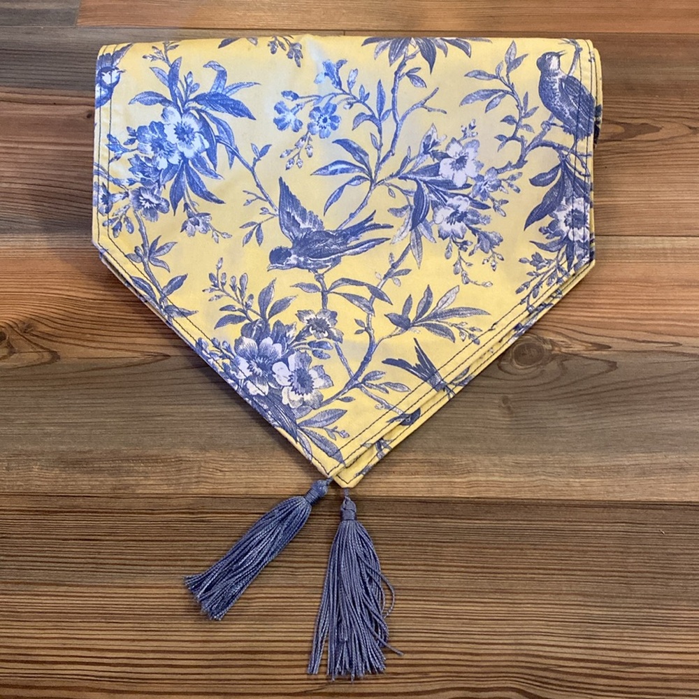 French Country Yellow and Blue Toile Table Runner with Tassels 6’ long Vintage - Picture 2 of 12